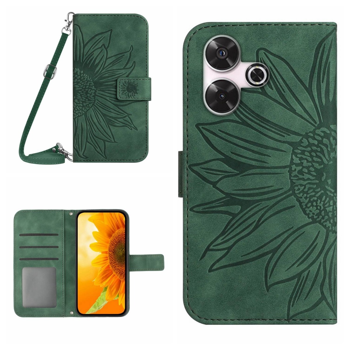 ART SUNFLOWER Husă Portofel Cu șnur Pentru Xiaomi Redmi 13 Verde