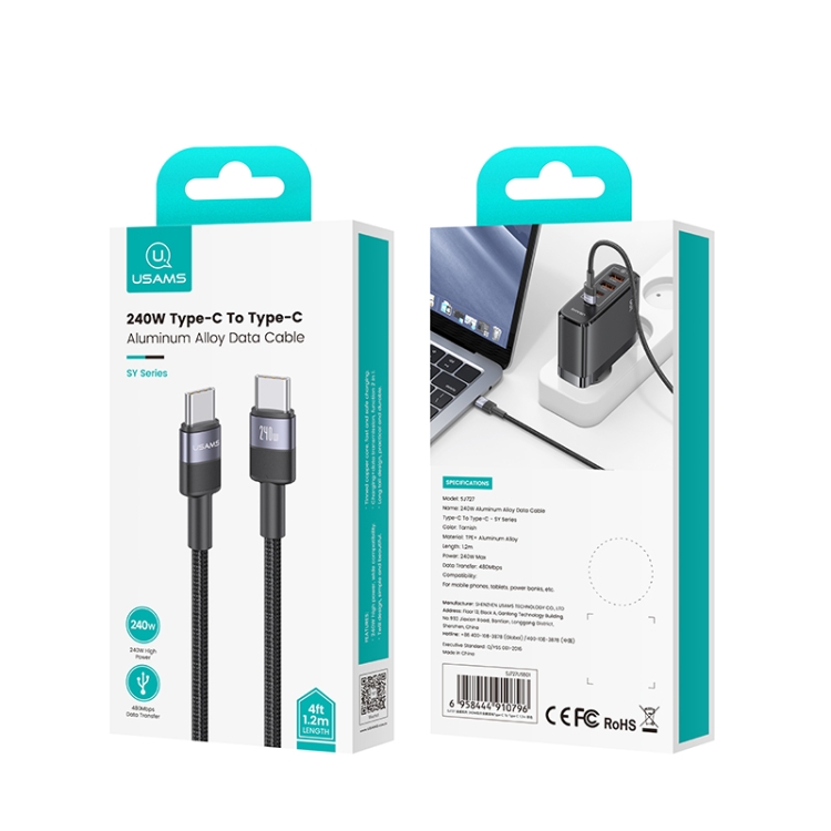 USAMS SJ727 240W Cablu De Date USB-C / USB-C 1,2 M Negru